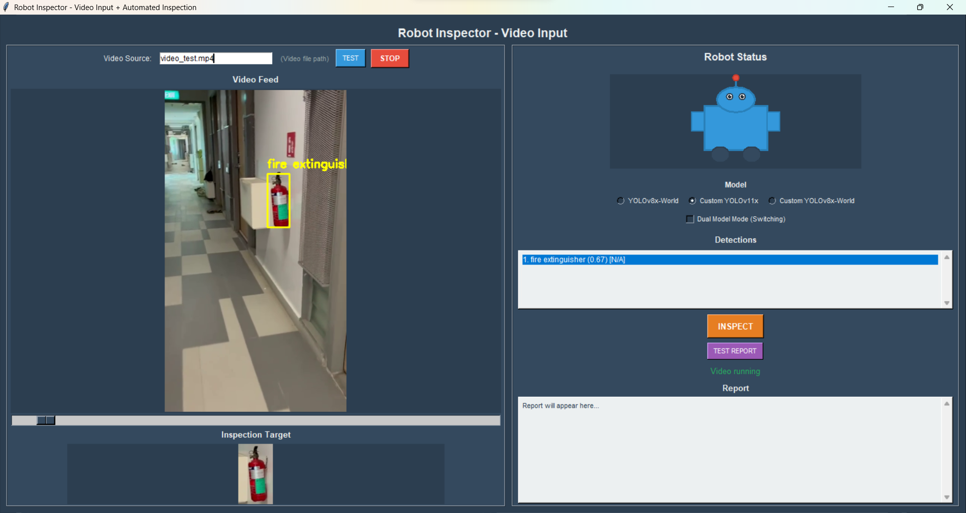 Robot Inspector GUI — fire extinguisher detected in corridor