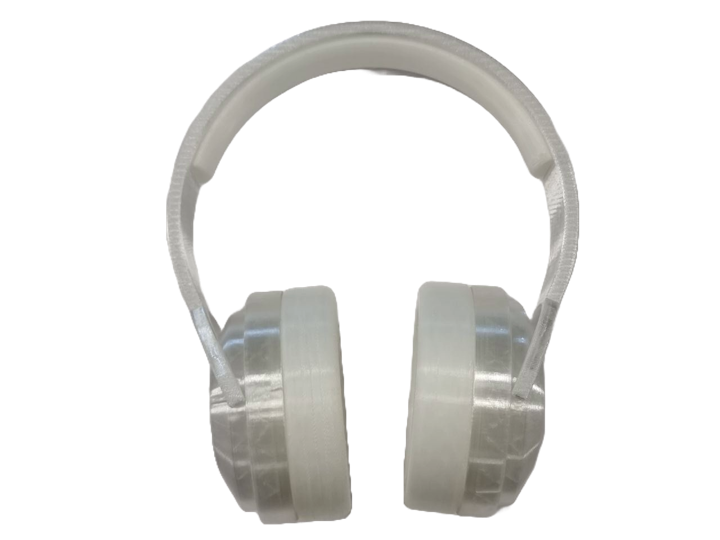 Front view of the full 3D-printed headphone prototype — white PETG headband arc with TPU 85A cushion installed and both earmuffs attached